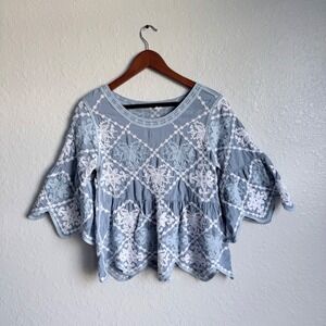 Anthro Kindred Embroidered Peasant Top Bell Sleeve Large Blue Boho Cottagecore